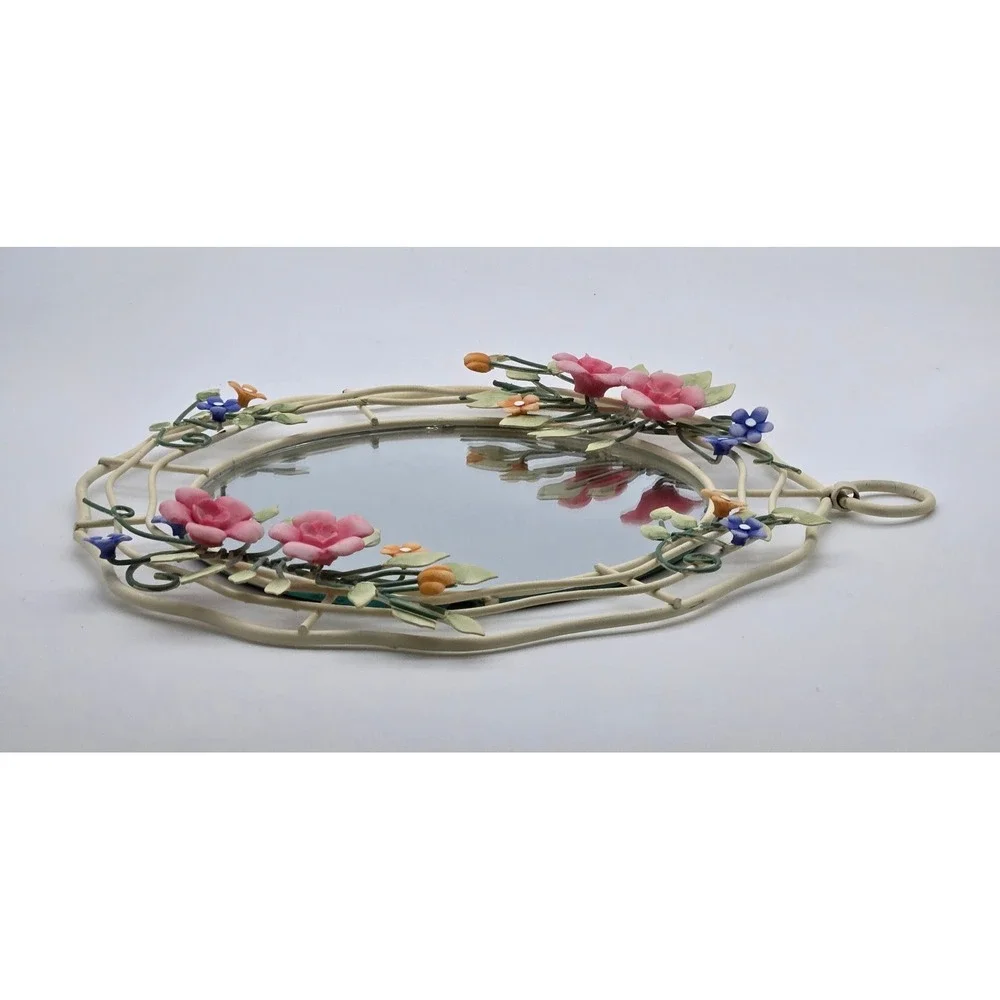 Vintage Floral Meal Wall Mirror Round Pink Blue Flower Vine Cottagecore Decor